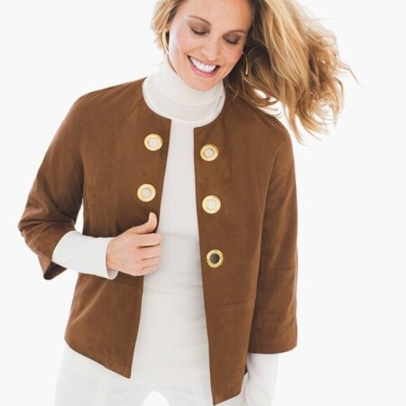 Chico's Open Front Faux-Suede Grommet Jacket Brown Size 2 (=L/12) - Picture 1 of 9